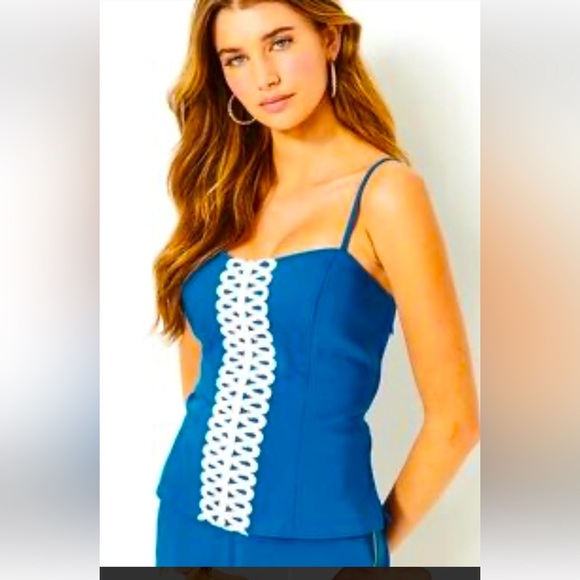 NWT Lilly Pulitzer Barton Blue Stretch Top Adjustable Straps Ribbon Detail / 0 - Picture 1 of 13